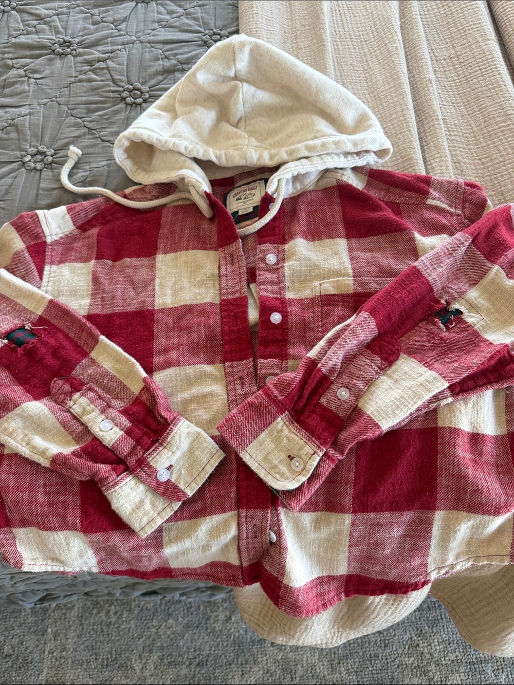 American Eagle Outfitters Red & Cream Plaid Hooded Button-Down